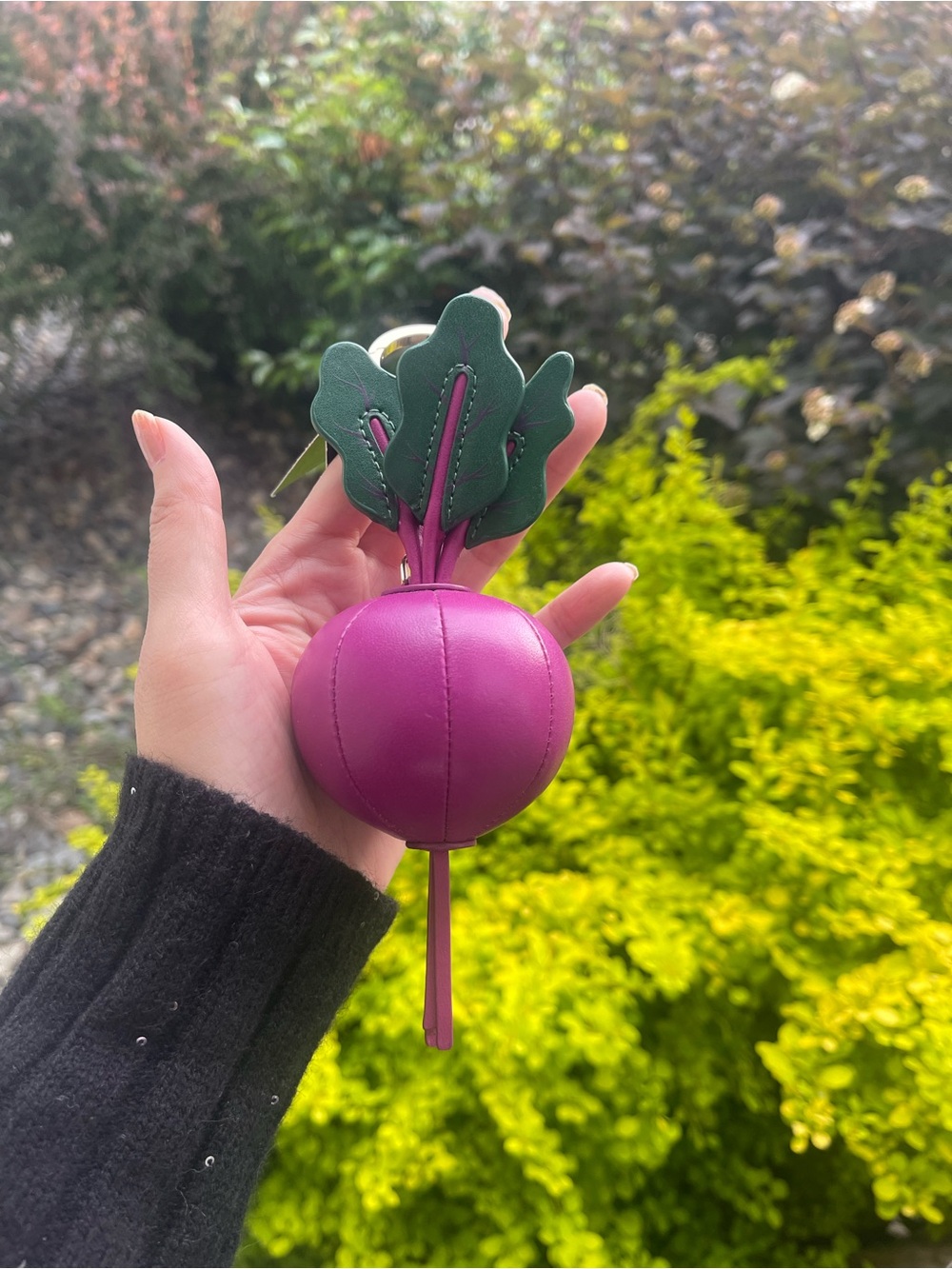 Kate spade Purple Radish Leather Keychain with Green Leaf Accent